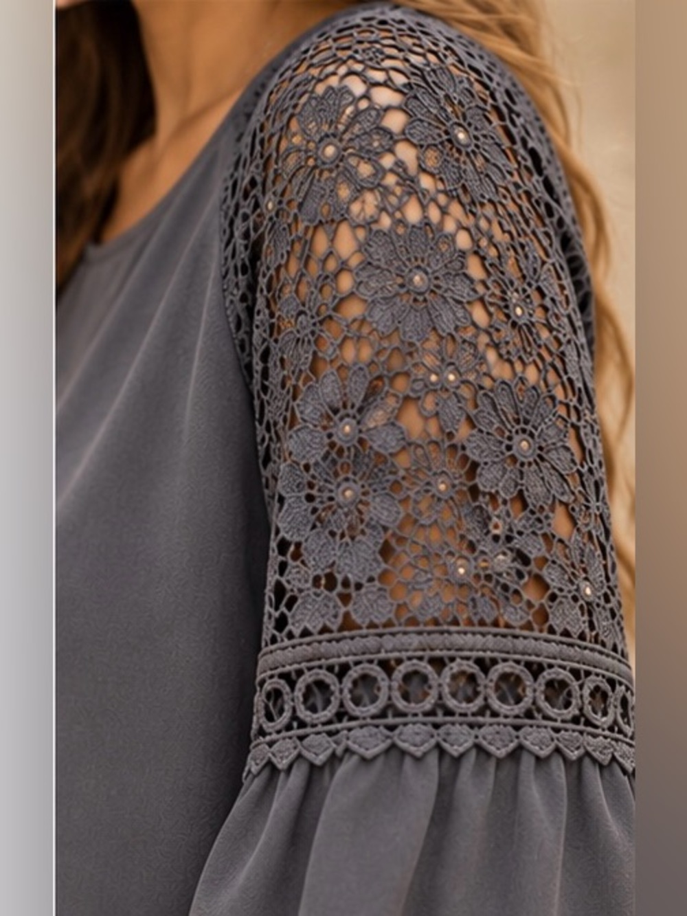 LOFT Gray Lace Sleeve Blouse 100% Rayon Balloon Sleeve Elegant NWT - Picture 5 of 6